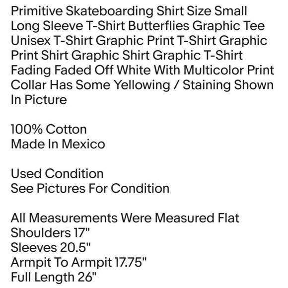 Primitive Skateboarding Shirt Size Small Long Sleeve T-Shirt Butterflies Graphic - Picture 2 of 8